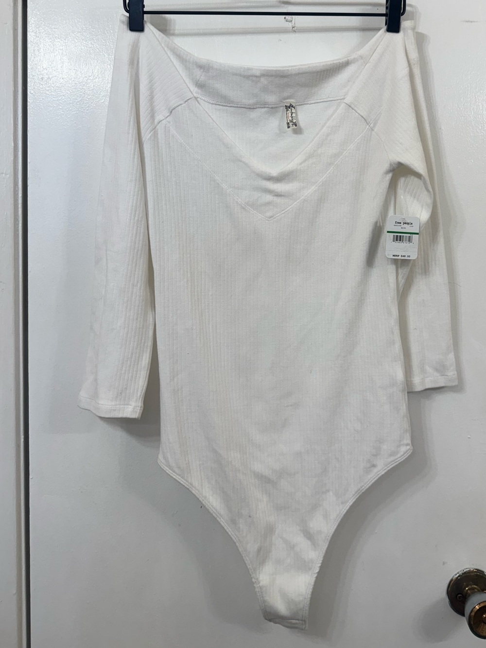Free People White Ribbed Off-the-Shoulder Long Sleeve Bodysuit